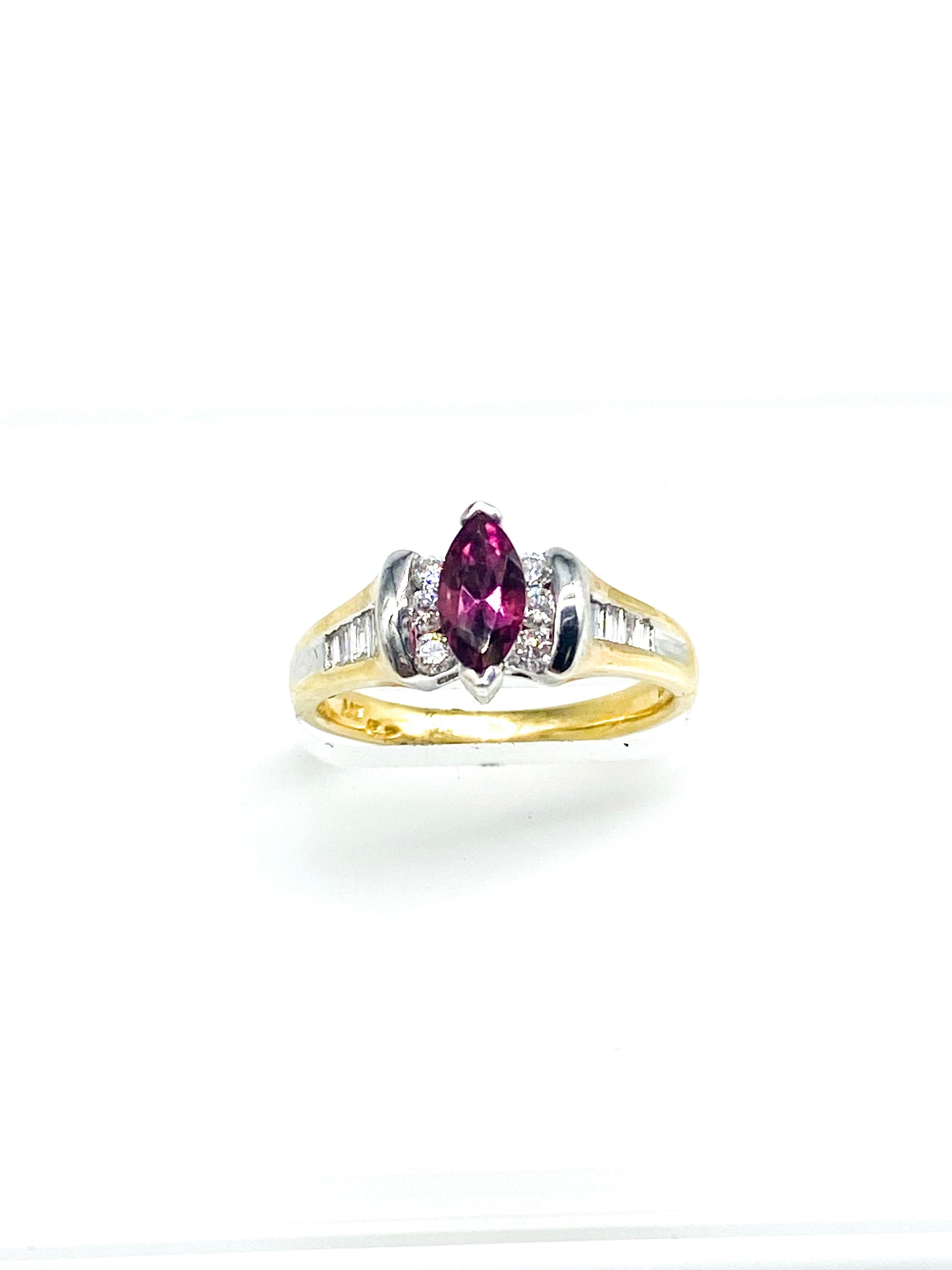 .50 Point Pink Sapphire Marquise Cut and .48 Point Round Brilliant Baguette Cut Diamond Ring