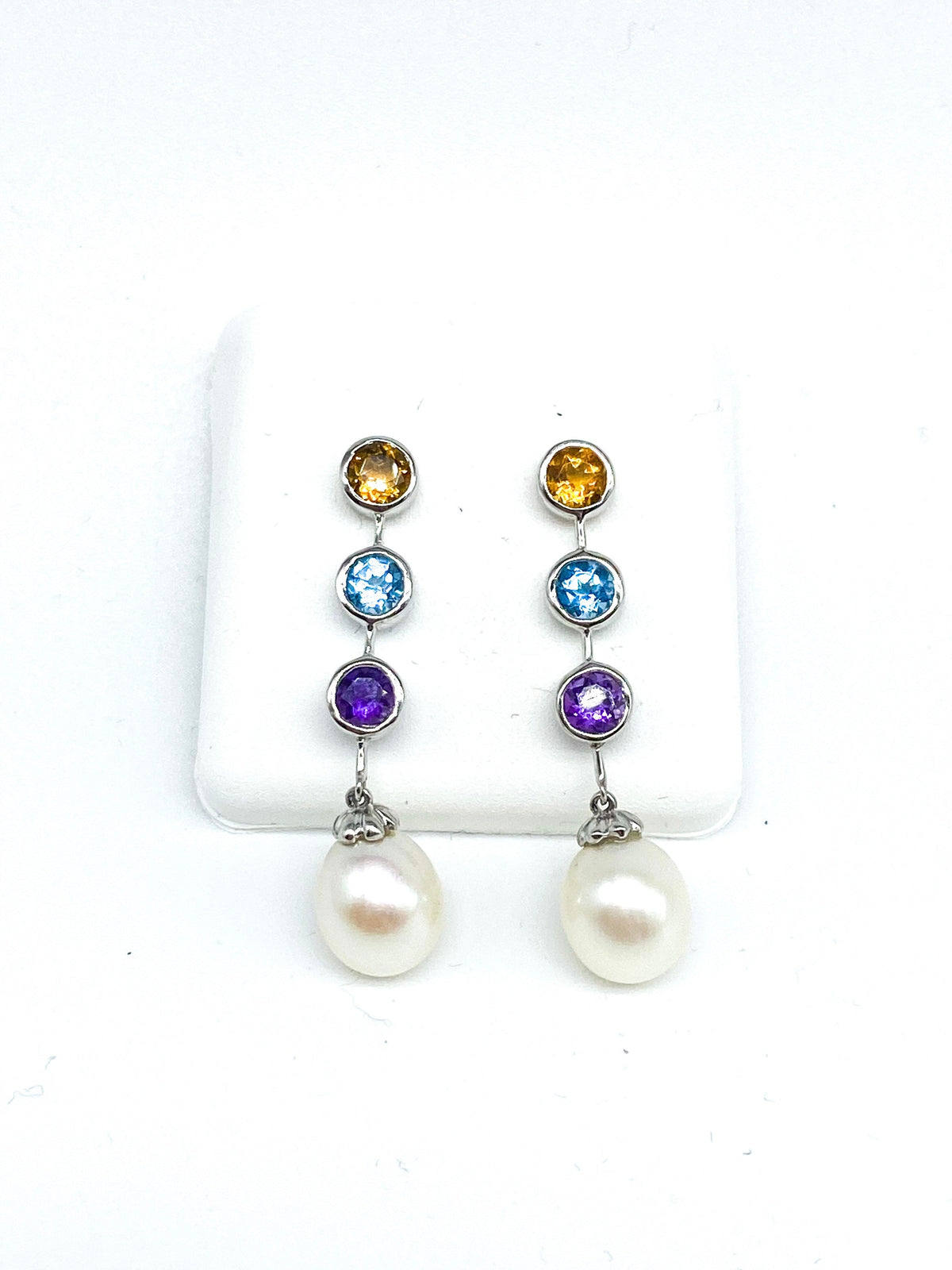 Yellow Topaz,Blue Topaz,Amythest Pearl Diamond Earrings